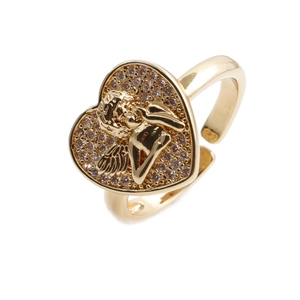 Adjustable gold heart cupid ring with sparkling crystals and embossed angel design