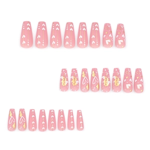 Matte roze coffin plaknagels met goudfolie en hartjespatroon, set van 24 stuks