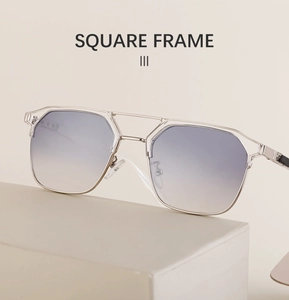 Close-up of square metal frame sunglasses with purple gradient lenses on geometric stand
