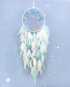 Detailed view of handmade tree of life dreamcatcher with blue stones and soft feathers