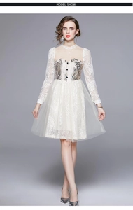Detailed close-up of vintage floral embroidery and black buttons on a mesh dress