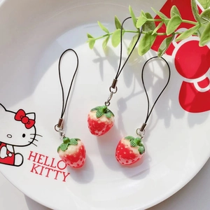 Realistic strawberry charms with green leaves and silver clasps for bags and phones