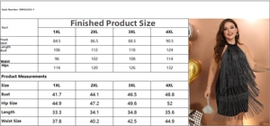 Size chart showing bust, waist, and hip measurements for plus size halter tassel dress