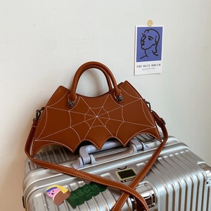 Gothic brown PU leather bat wing handbag with white spider web embroidery and silver cross