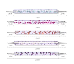 Detailed size measurement chart for five different colored nail art crystal brushes and tools
