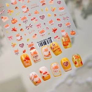 Autumn fox cartoon nail stickers with maple leaf and pumpkin designs for cute DIY manicure