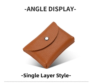 Brown lychee grain genuine leather coin purse with single-layer snap button closure