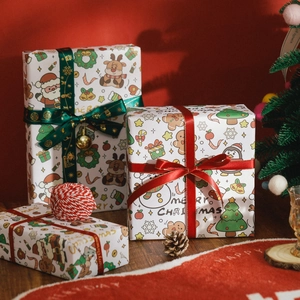 Cartoon Christmas gift wrapping paper featuring Santa, reindeer and trees on white base