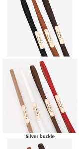 Detail view of colorful slim leather belts for women with minimalist silver buckles