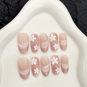 Handmade Press On Nails 3D Relief White Flower Pink Purple Gradient Cat Eye Magnetic Oval French Style Elegant For Women