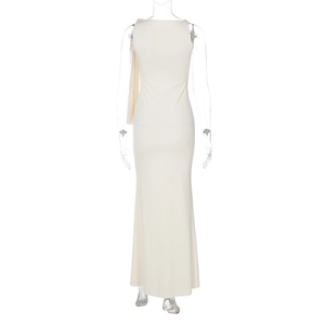 Detail view of the sleek white sleeveless mermaid dress with a long elegant fishtail hem