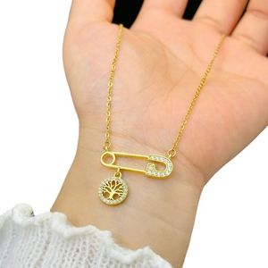 Gold 18k plated double layer titanium necklace with paperclip and tree of life charms