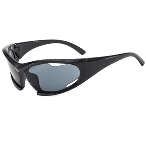 Y2K sporty wrap sunglasses with black frames and grey lenses in futuristic style