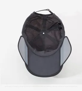 Detail of dark grey sun hat featuring breathable mesh lining and adjustable metal buckle