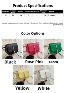 Detailed size chart for minimalist PU leather tassel saddle bag with five color options