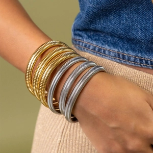 Bracelets élastiques en os de serpent en acier inoxydable or 18 carats et argent
