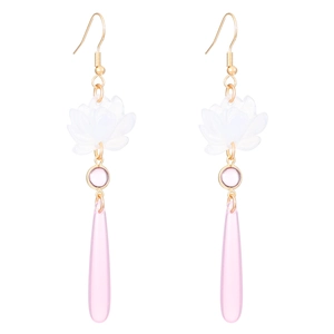 Detail of white calla lily enamel earrings with pink teardrop charms in gold finish