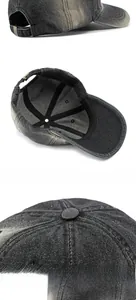Detail view of washed denim baseball cap with metal buckle and gradient fabric texture