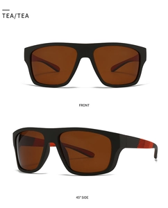 Front and 45-degree side views of classic polarized sunglasses with tea lenses and black frames