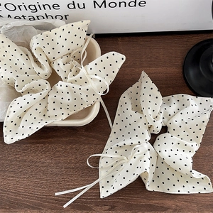 Polka Dot Scrunchie Chiffon Fabric Hair Tie With Bow Scarf Streamer Elastic Elegant Sweet French Style For Women