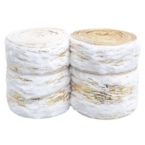 Rolls of white faux fur ribbon with gold foil texture for Christmas DIY gift wrapping