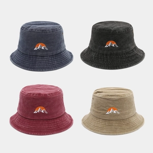 Washed Cotton Bucket Hat Vintage Mountain Sunrise Embroidery Distressed Breathable Outdoor Sun Hat For Men Women