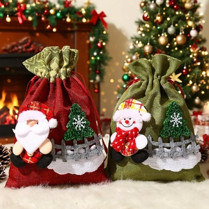 Christmas Drawstring Gift Bag Santa Snowman Burlap Candy Treat Bags For Holiday Party Decoration Cute
