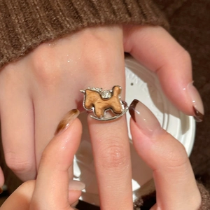 New Chinese style zircon wooden rocking horse open ring in silver and wood finish