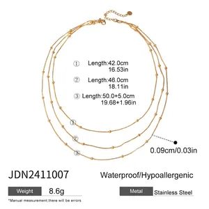 Three-layer stainless steel gold bead necklace set with detailed size and length chart