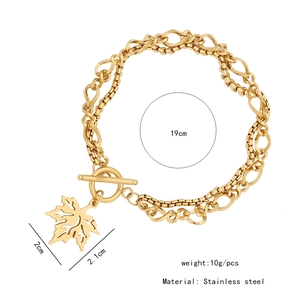 Detailed specs of maple leaf pendant bracelet with T-bar clasp and 19cm stainless steel chain