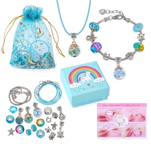 Blue DIY children's bracelet set with unicorn gift box and star-patterned pouch