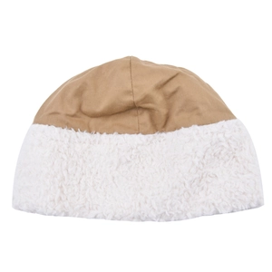 Detail view of winter bucket hat showing brown fabric and white faux lamb wool brim