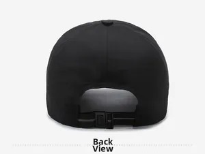 Detail view of the black baseball cap back with adjustable plastic snap buckle strap