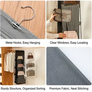 6-pocket hanging handbag organizer with clear PVC windows and metal hooks