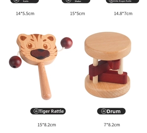 Tiger shaped wooden rattle and cylindrical rolling bell with detailed size measurements