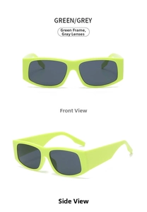 Detail view of rectangular neon green sunglasses with dark grey lenses in dual angles