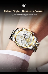 Macro shot of silver and gold stainless steel watch band with luminous multifunction dial