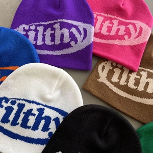 Colorful knitted beanies with filthy letter jacquard pattern in street fashion style