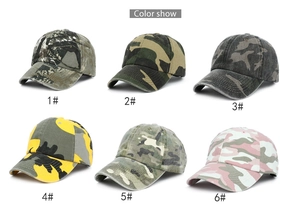 Présentation de six casquettes de baseball tactiques camouflage en divers coloris