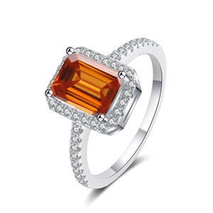 Elegant emerald cut orange moissanite ring in S925 sterling silver with halo stones