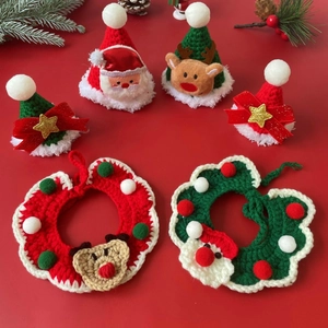 Handmade knitted Christmas pet hat and scarf set with Santa and reindeer motifs
