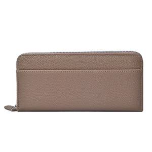 Taupe long pebble leather wallet for women with zip closure and outer pocket
