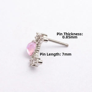 Detailed view of pink heart zircon stud with 0.85mm thickness and 7mm bar length