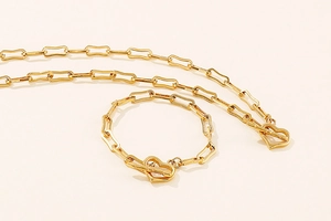 Macro shot of gold paperclip chain jewelry set with heart pendants and OT toggle clasps