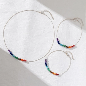 Rainbow crystal bead jewelry set with necklace and bracelets in 14K gold plated finish