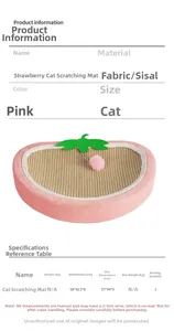 Close-up of strawberry-shaped sisal cat scratcher with plush trim and size dimensions
