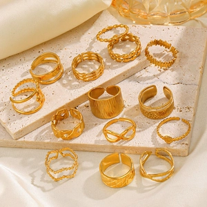 12-piece set of 18K gold plated stainless steel geometric open rings for women