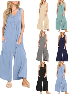 Detailed grid view showing ribbed texture and button closure of various sleeveless jumpsuits