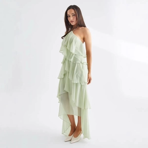 Elegant light green tiered chiffon halter dress with irregular layered ruffle hem