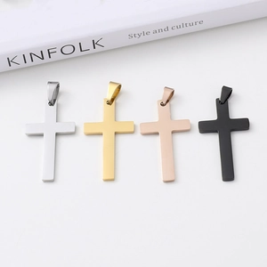 Polished stainless steel cross pendants in silver, gold, rose gold, and black colors